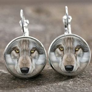 New Wolf Glass Cabochon Silver Lever Back Earrings.